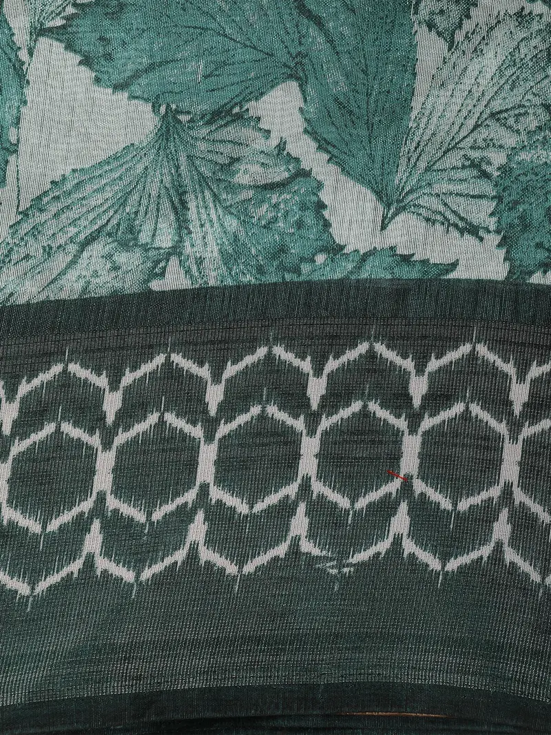 Dusty Teal Green Leaf Printed Design Mixed Cotton Saree 2