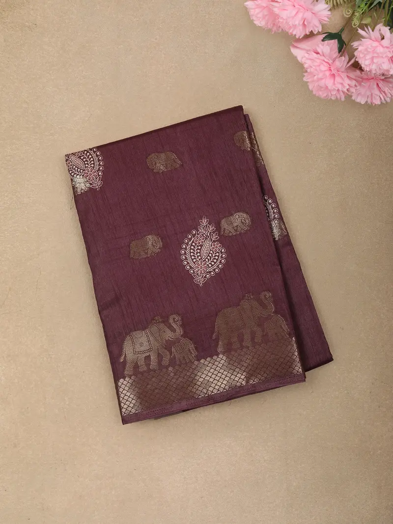 Dusty Wine Elephant Motif Zari Woven Design Mixed Cotton Saree With Zari Border 1