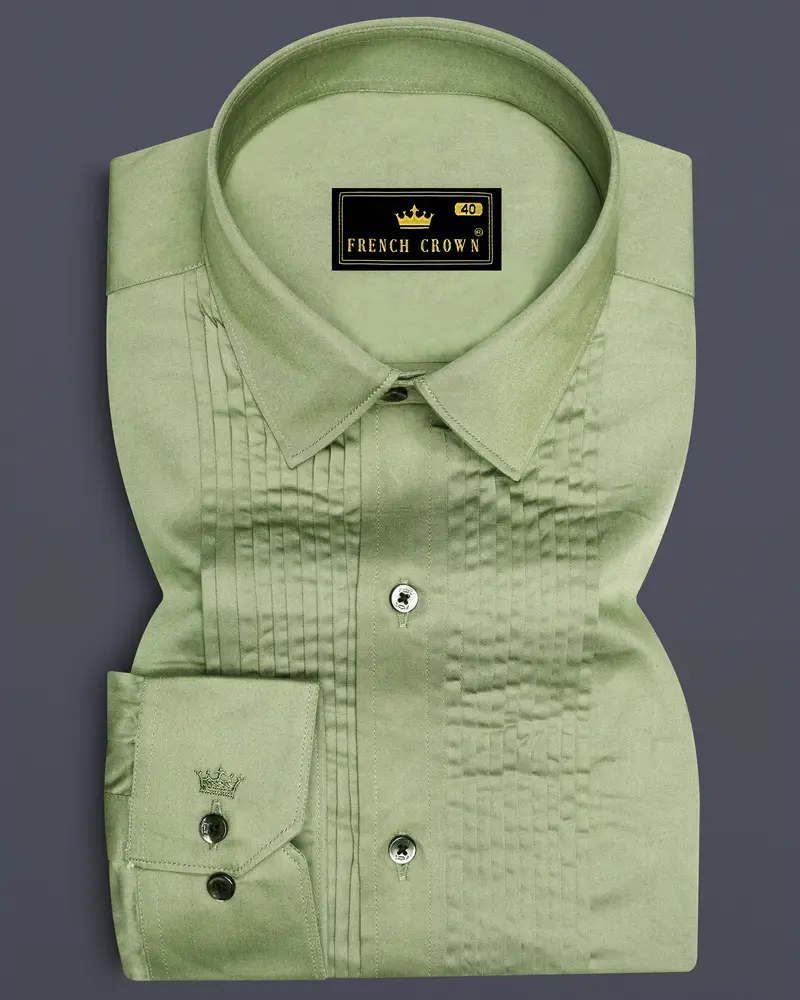 Eagle Green Subtle Sheen Snake Pleated Super Soft Premium Cotton Tuxedo Shirt 1