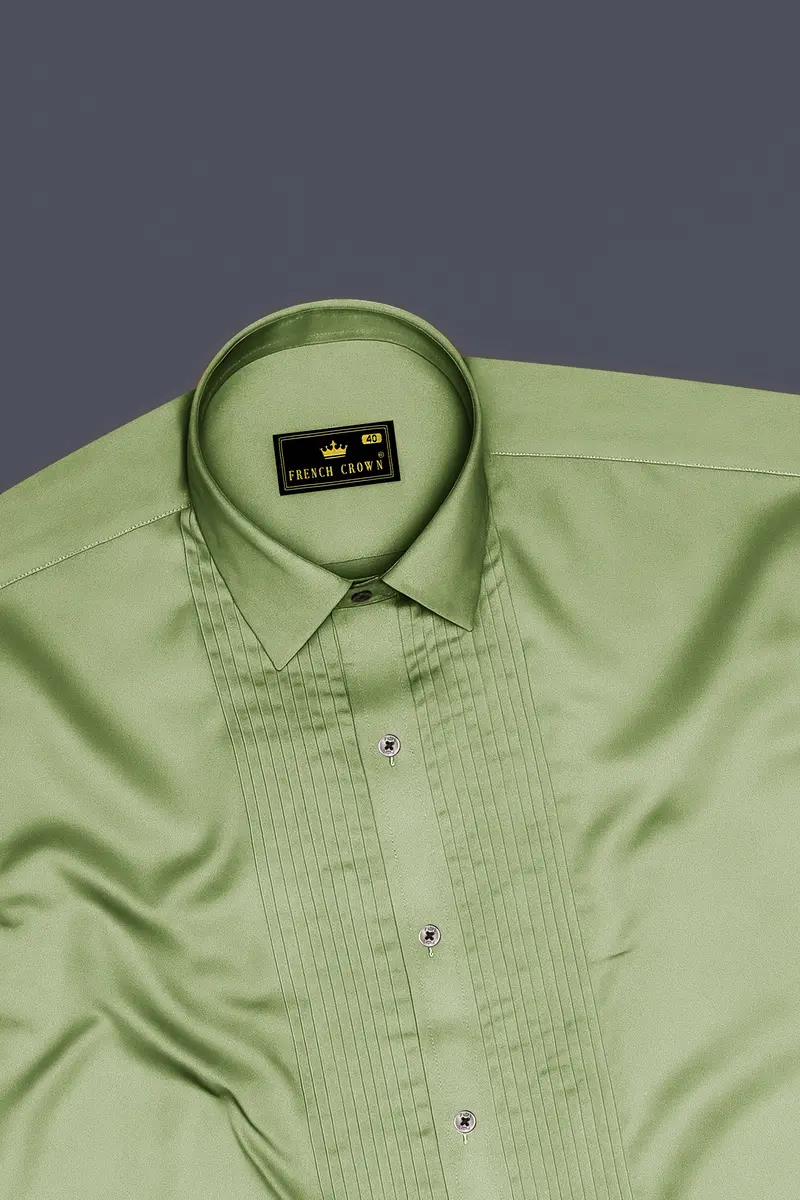 Eagle Green Subtle Sheen Snake Pleated Super Soft Premium Cotton Tuxedo Shirt 5