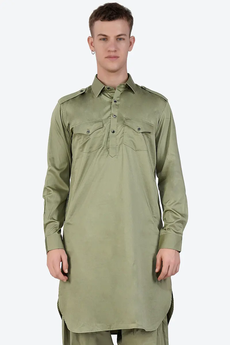 Eagle Green Subtle Sheen Super Soft Premium Cotton Pathani Kurta 2