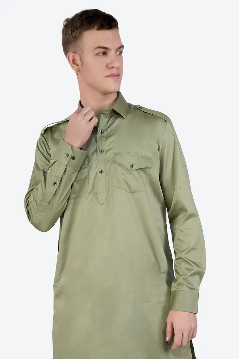 Eagle Green Subtle Sheen Super Soft Premium Cotton Pathani Kurta 4