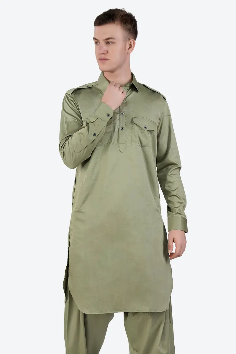 Eagle Green Subtle Sheen Super Soft Premium Cotton Pathani Kurta 5