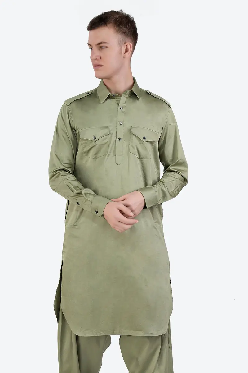 Eagle Green Subtle Sheen Super Soft Premium Cotton Pathani Kurta 6