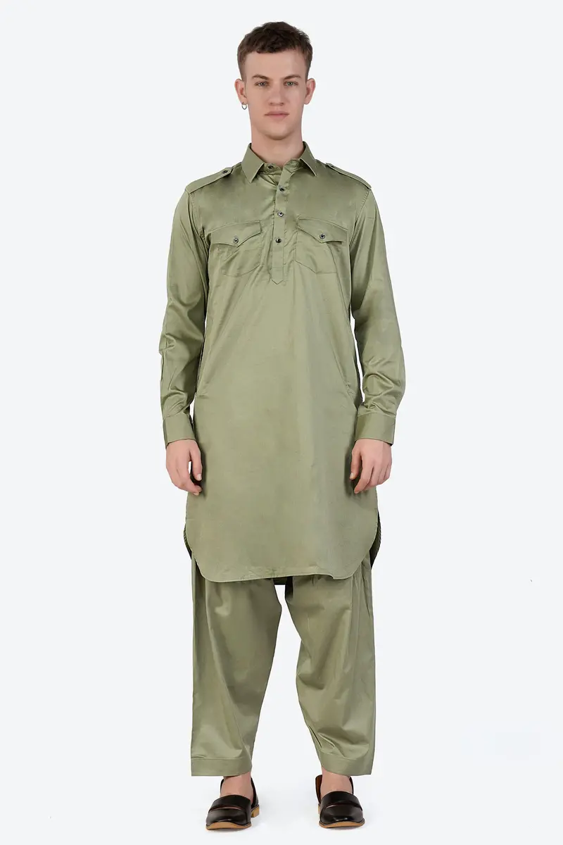 Eagle Green Subtle Sheen Super Soft Premium Cotton Pathani Kurta 8