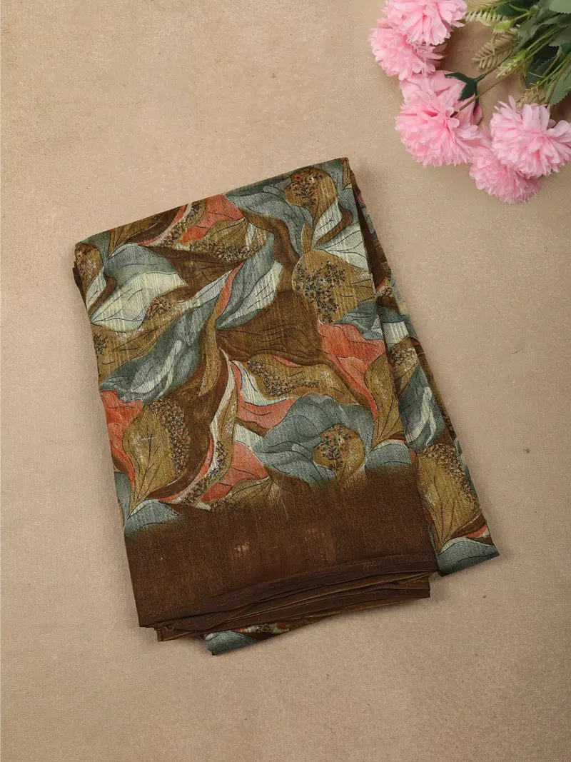 Earthy Brown Abstract Printed Design Linen Cotton Casual Wear Saree 1