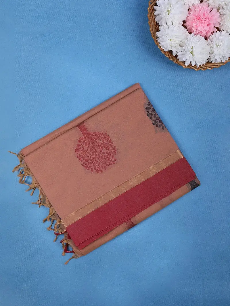 Earthy Brown Tree Motifs Cotton Saree 1