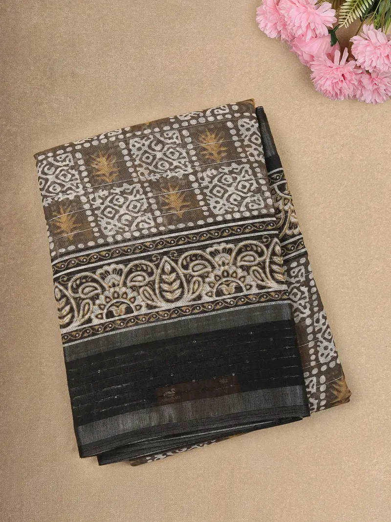 Earthy Cocoa Brown Geometric Block Printed Design Linen Cotton Saree With Sequins Border 1