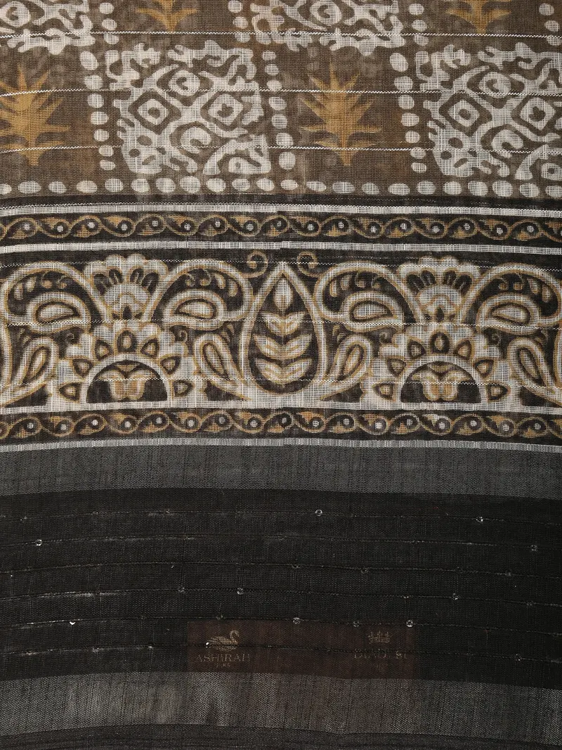 Earthy Cocoa Brown Geometric Block Printed Design Linen Cotton Saree With Sequins Border 2