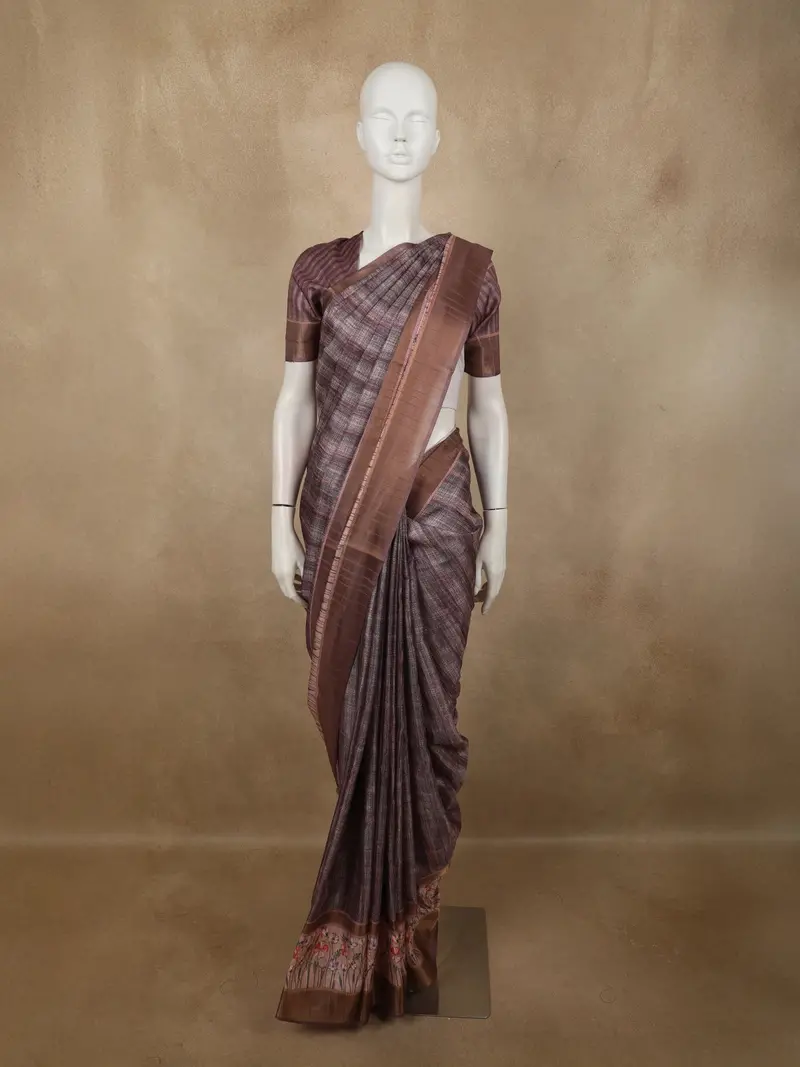 Earthy Coffee Brown Abstract Printed Design Semi Tussar Saree With Floral Border 1