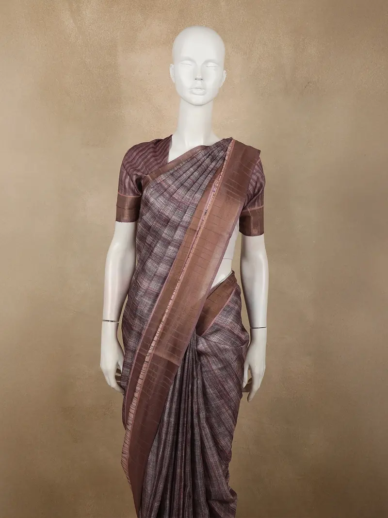 Earthy Coffee Brown Abstract Printed Design Semi Tussar Saree With Floral Border 2