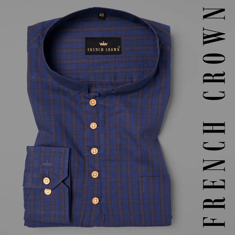 East Bay Blue Plaid Premium Cotton Kurta Style Shirt 1