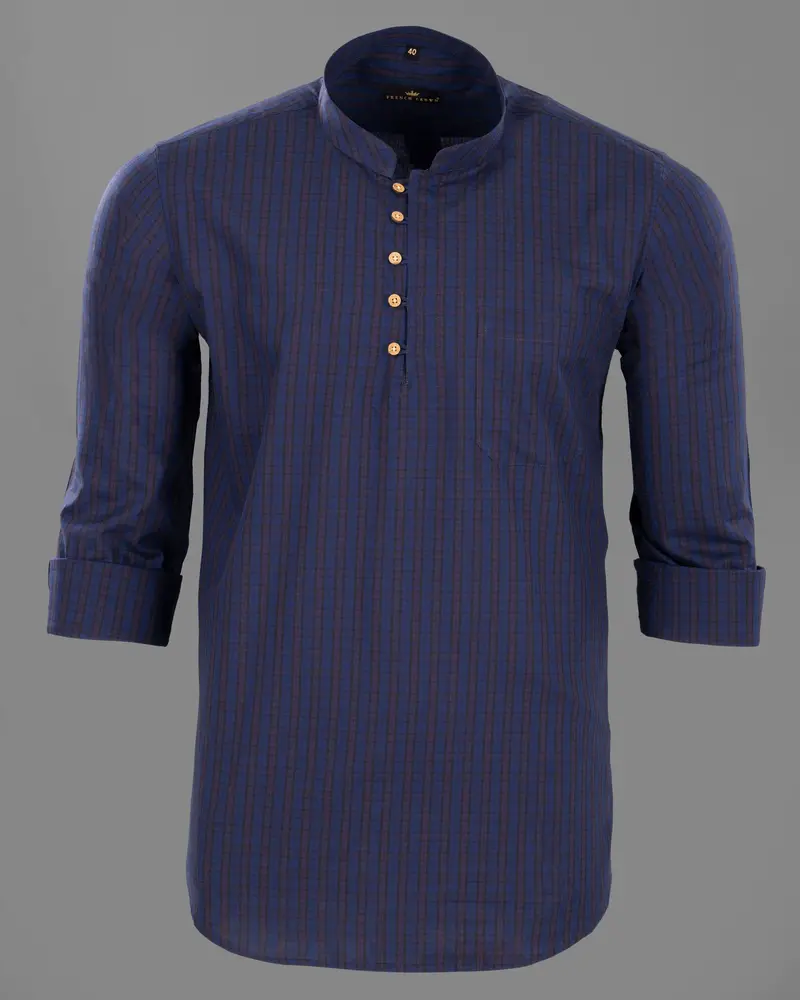 East Bay Blue Plaid Premium Cotton Kurta Style Shirt 6