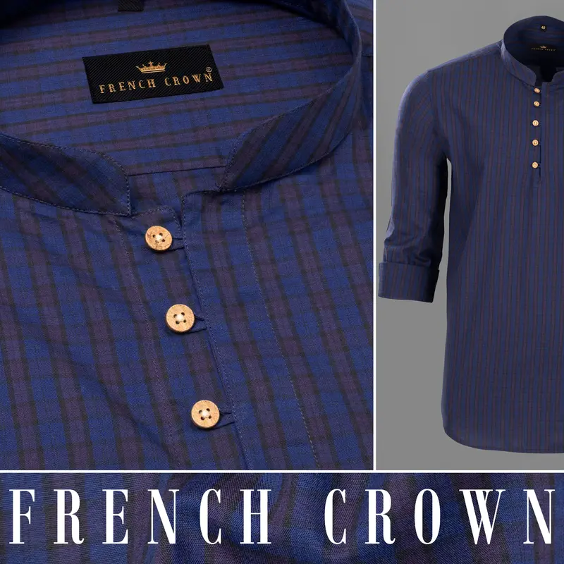 East Bay Blue Plaid Premium Cotton Kurta Style Shirt 9