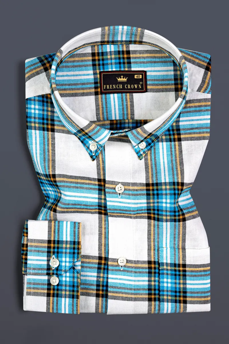 Eastern Blue And White Twill Plaid Premium Cotton Shirt 3