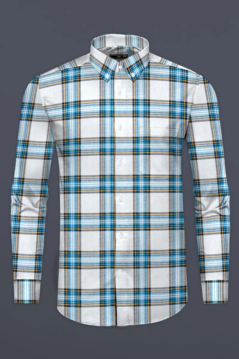 Eastern Blue And White Twill Plaid Premium Cotton Shirt 4