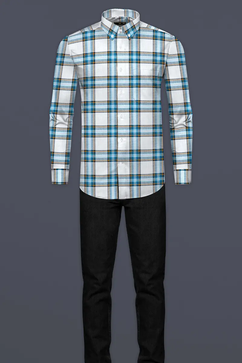 Eastern Blue And White Twill Plaid Premium Cotton Shirt 6
