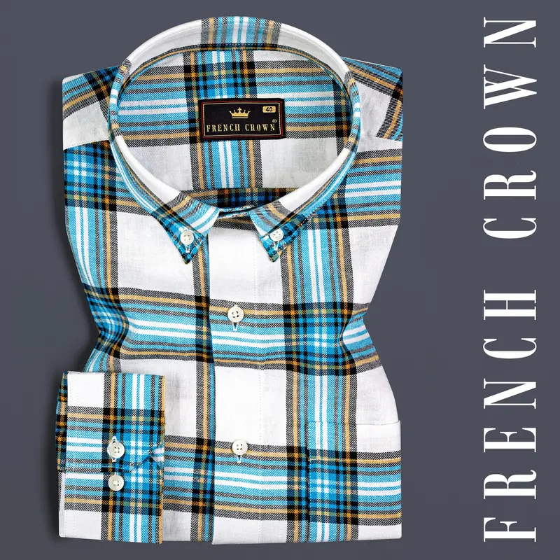 Eastern Blue And White Twill Plaid Premium Cotton Shirt 7