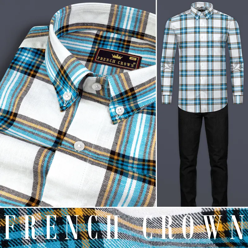Eastern Blue And White Twill Plaid Premium Cotton Shirt 8