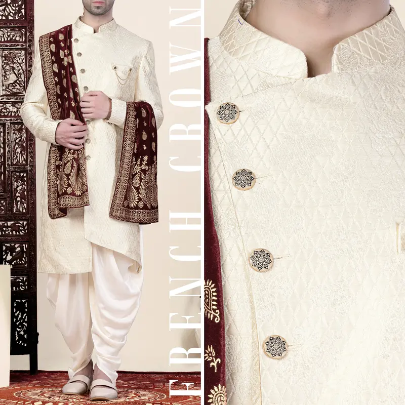 Ebb Cream Trellis Jacquard Weave Indo-Western Sherwani 1