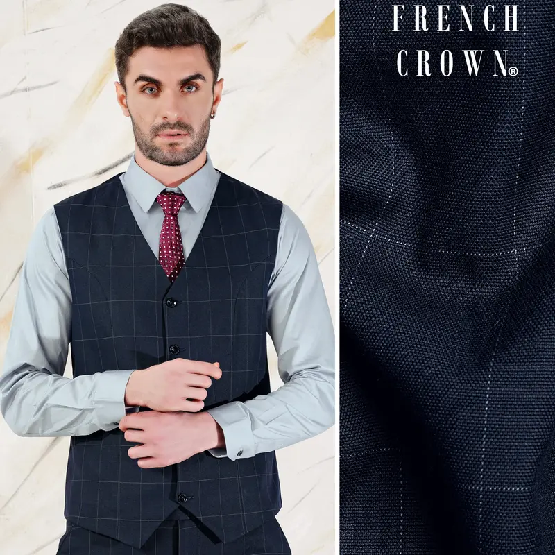 Ebony Blue And Bright White Windowpane Premium Cotton Waistcoat 1