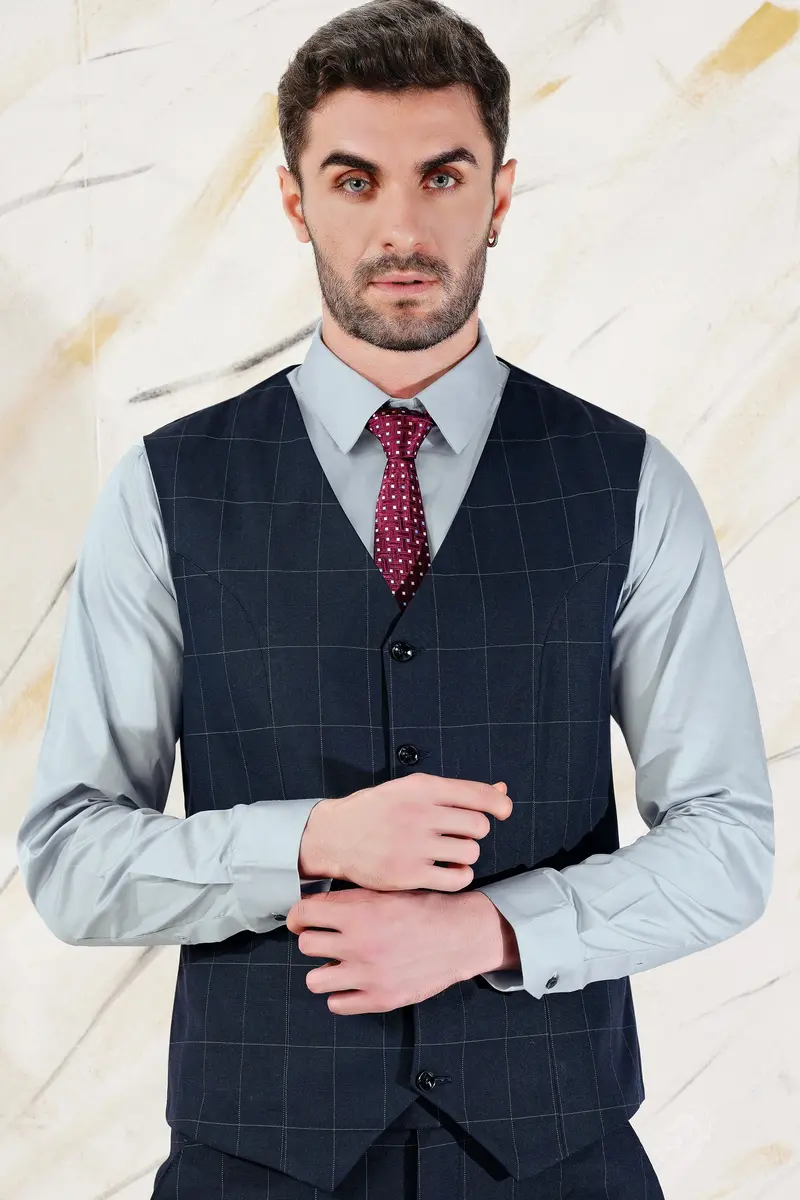 Ebony Blue And Bright White Windowpane Premium Cotton Waistcoat 2