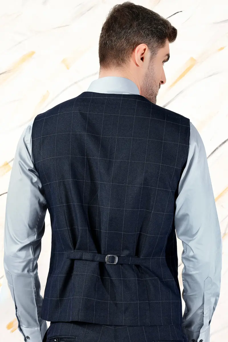 Ebony Blue And Bright White Windowpane Premium Cotton Waistcoat 4