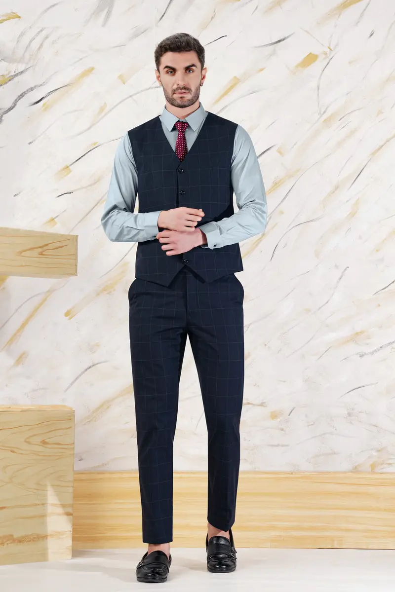 Ebony Blue And Bright White Windowpane Premium Cotton Waistcoat 5