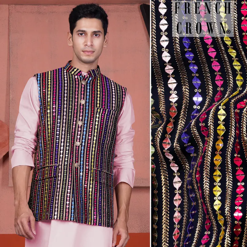 Ebony Blue And Cerise Pink Vertical Thread And Sequin Embroidered Designer Nehru Jacket 1