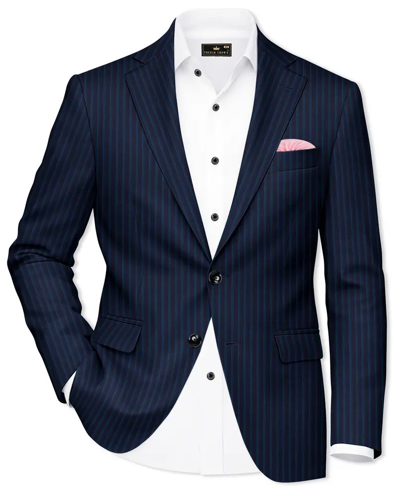 Ebony Blue And Marine Blue Pinstriped Wool Rich Blazer 1