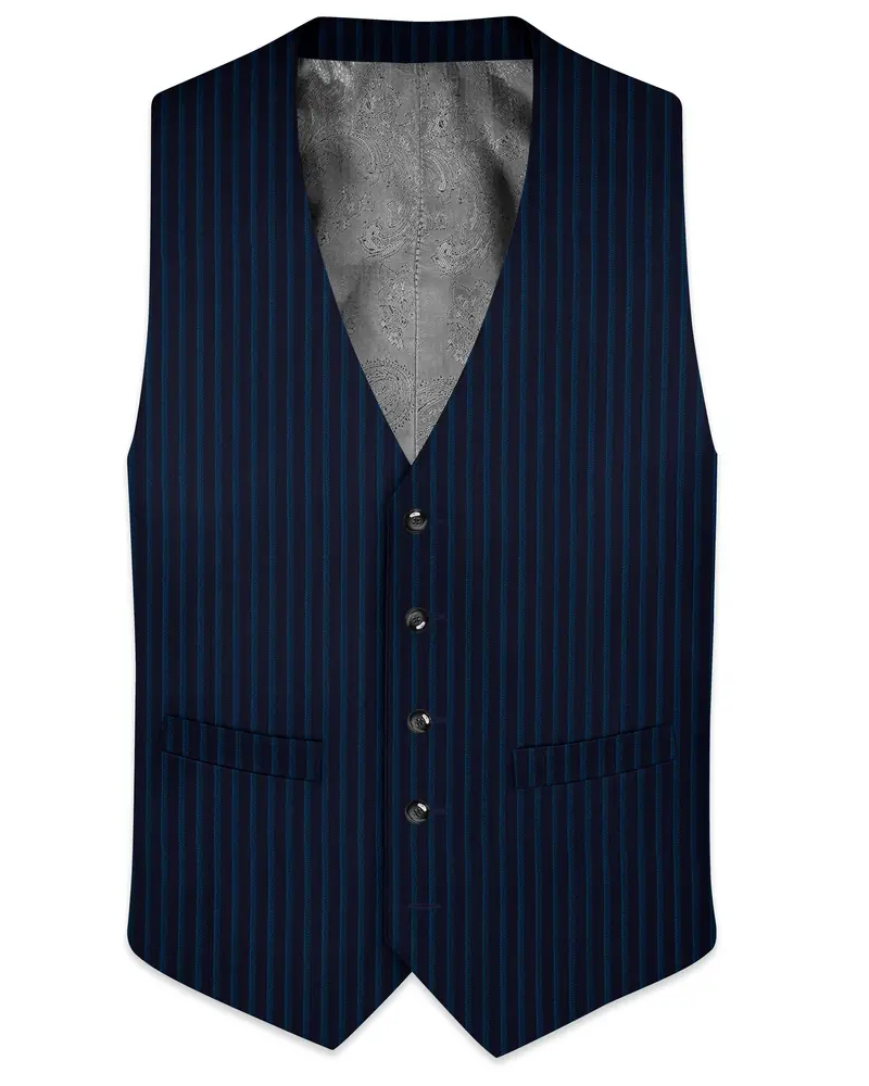 Ebony Blue And Marine Blue Pinstriped Wool Rich Waistcoat 1
