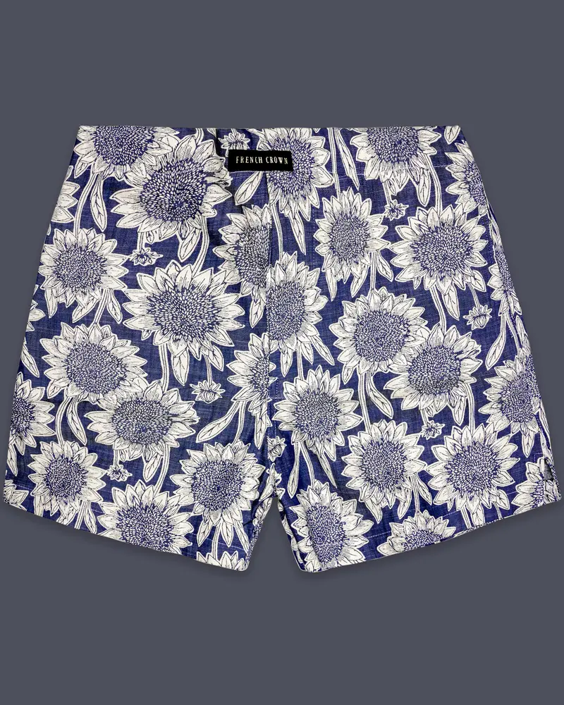 Ebony Blue And Mercury Cream Sunflower Printed Chambray Premium Cotton Boxer 1