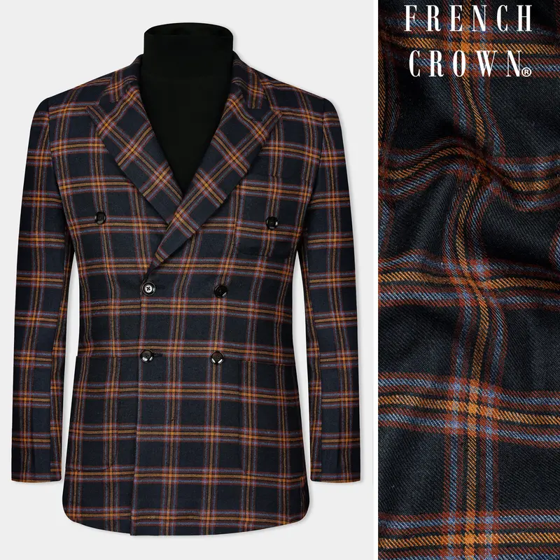 Ebony Blue And Mocha Brown Plaid Tweed Double Breasted Blazer 1