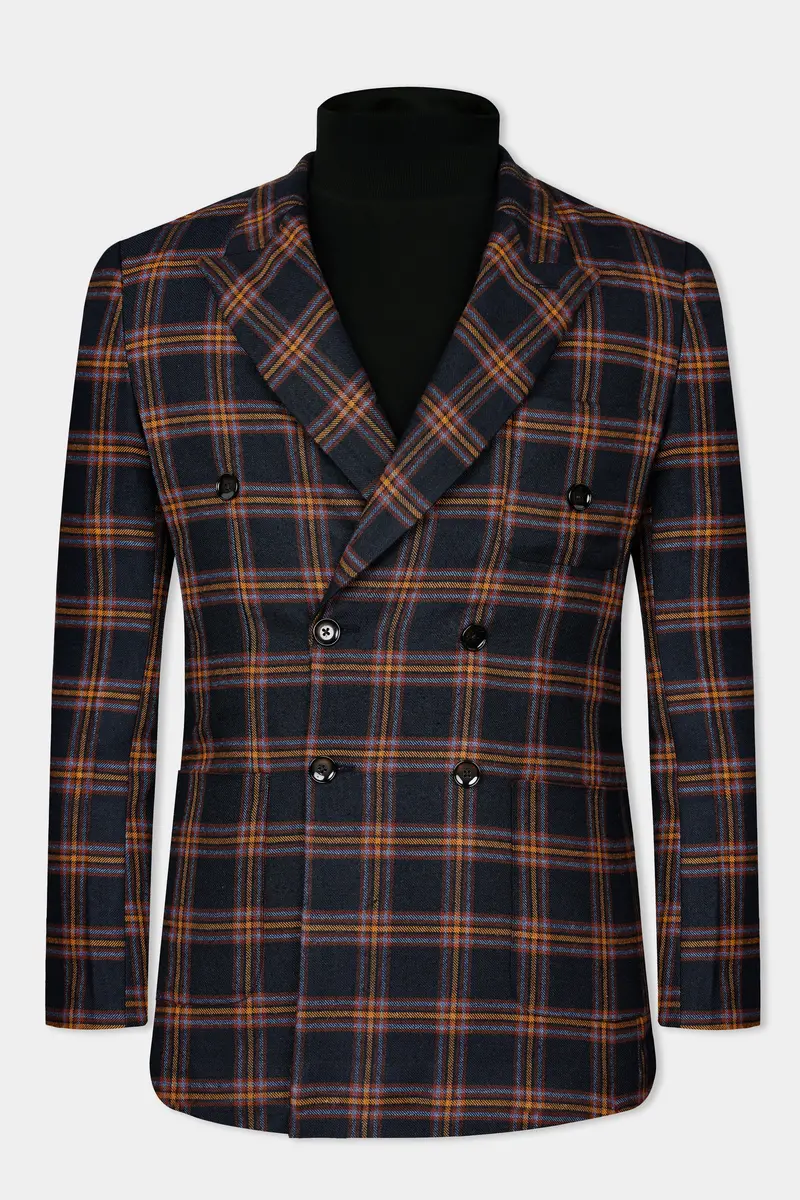 Ebony Blue And Mocha Brown Plaid Tweed Double Breasted Blazer 2