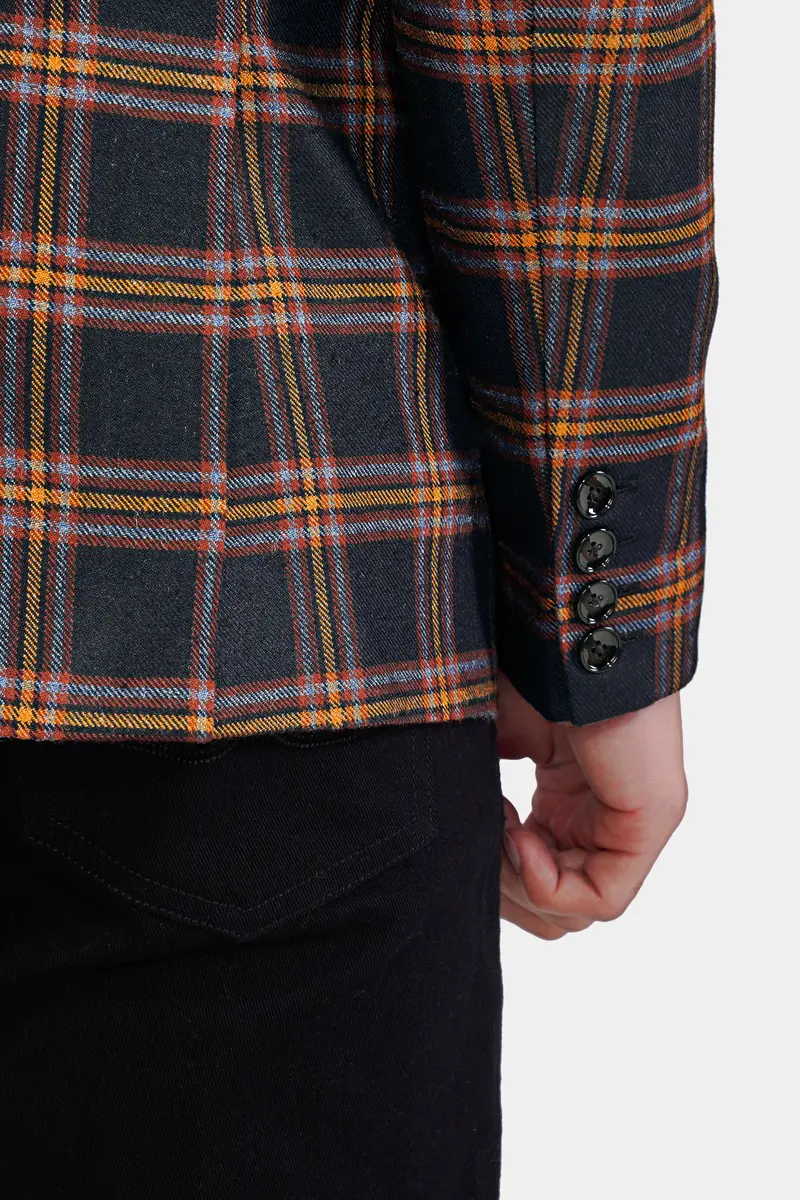 Ebony Blue And Mocha Brown Plaid Tweed Double Breasted Blazer 4