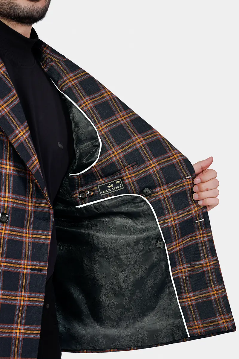 Ebony Blue And Mocha Brown Plaid Tweed Double Breasted Blazer 5