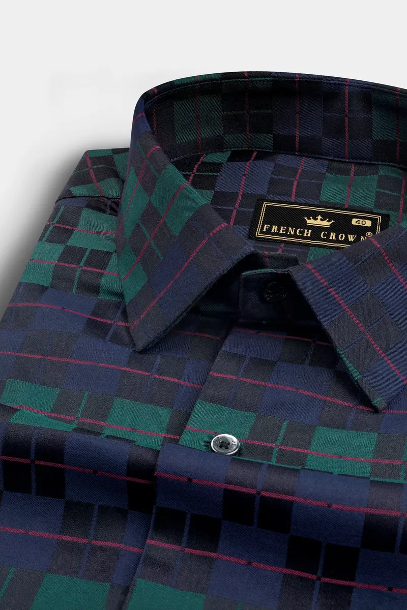 Ebony Blue And Plantation Green Plaid Jacquard Textured Premium Cotton Shirt 1