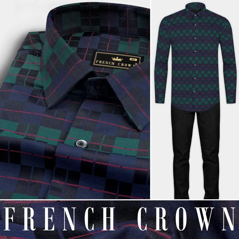 Ebony Blue And Plantation Green Plaid Jacquard Textured Premium Cotton Shirt 10