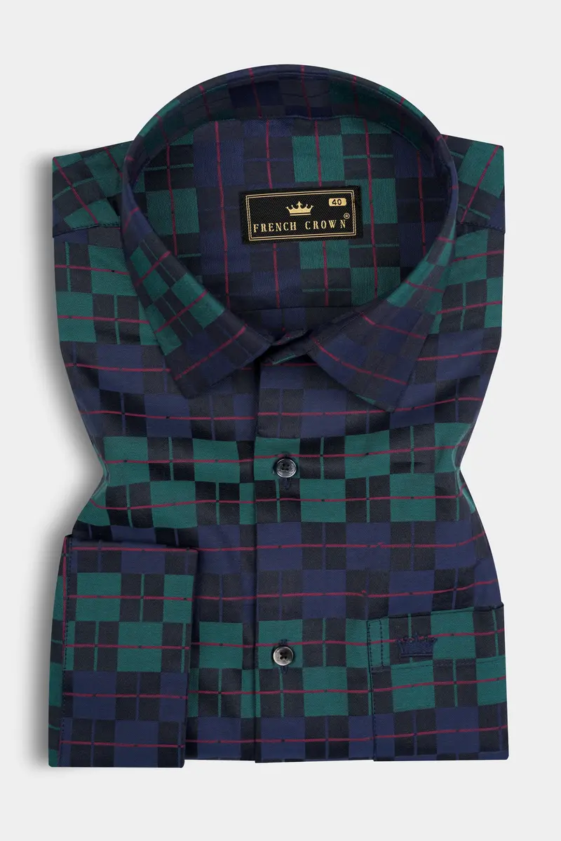 Ebony Blue And Plantation Green Plaid Jacquard Textured Premium Cotton Shirt 3