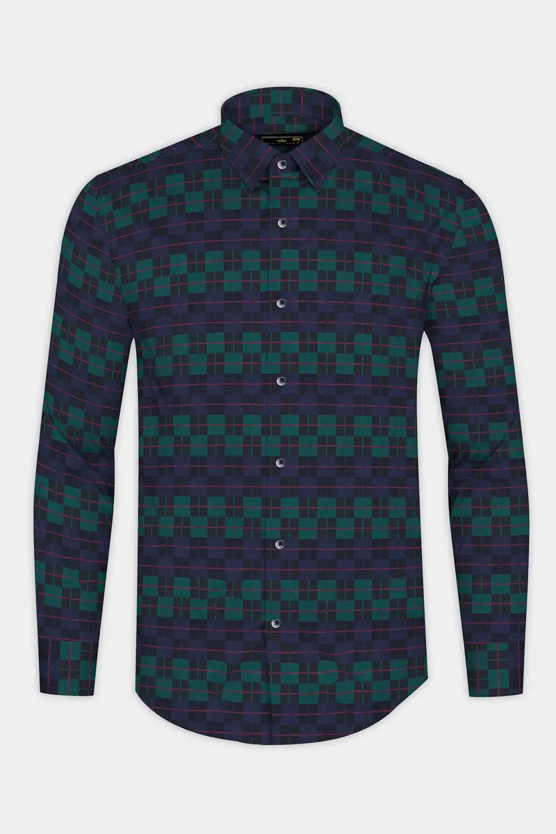 Ebony Blue And Plantation Green Plaid Jacquard Textured Premium Cotton Shirt 4