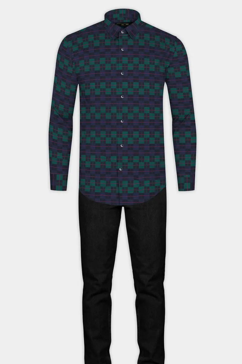Ebony Blue And Plantation Green Plaid Jacquard Textured Premium Cotton Shirt 6