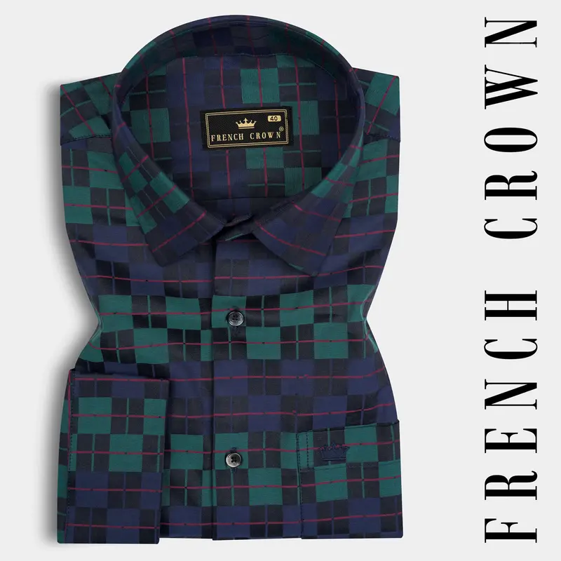 Ebony Blue And Plantation Green Plaid Jacquard Textured Premium Cotton Shirt 7