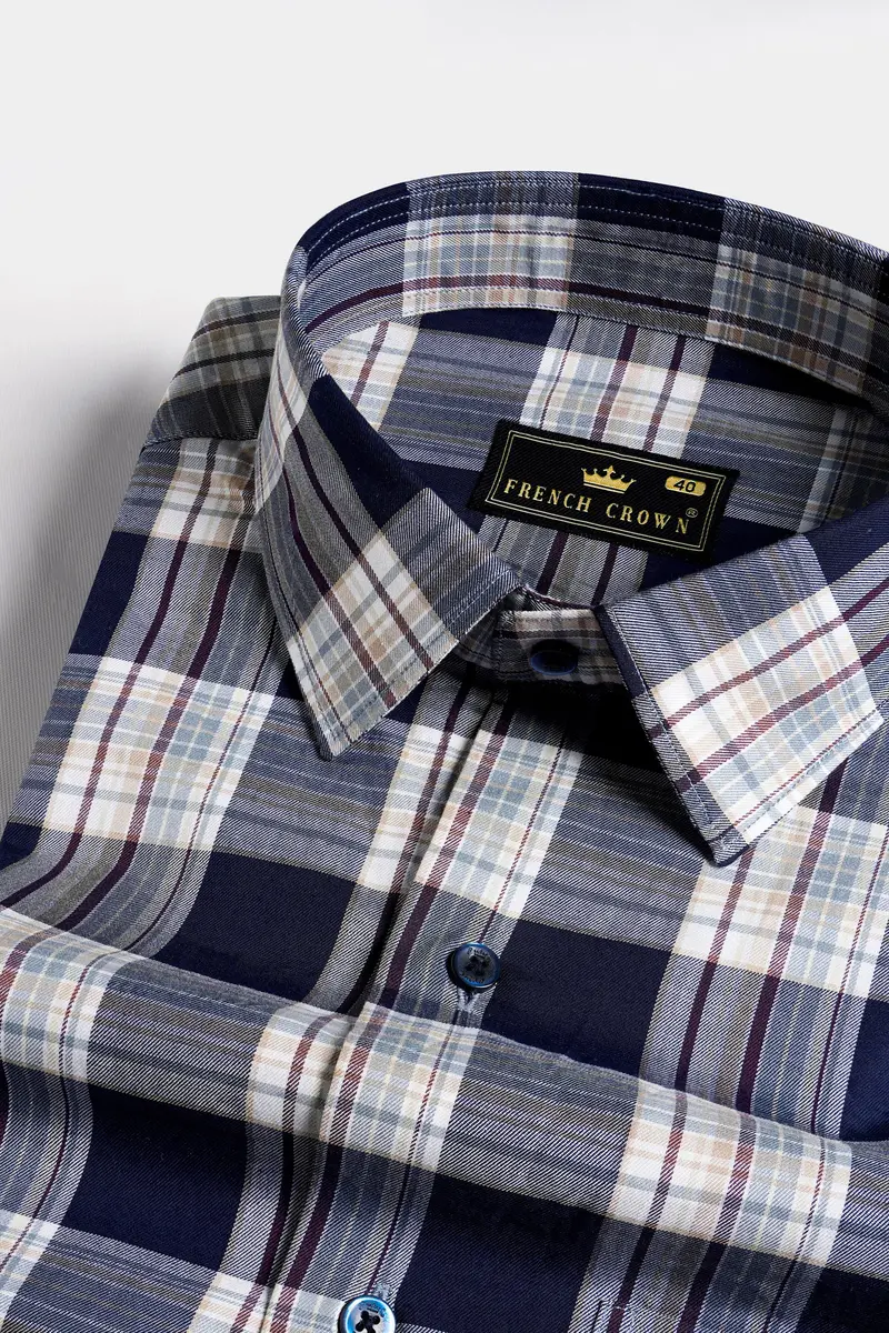 Ebony Blue And Porcelain Cream Twill Plaid Premium Cotton Shirt 1