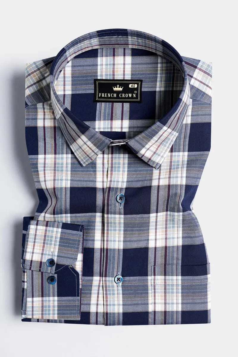 Ebony Blue And Porcelain Cream Twill Plaid Premium Cotton Shirt 3