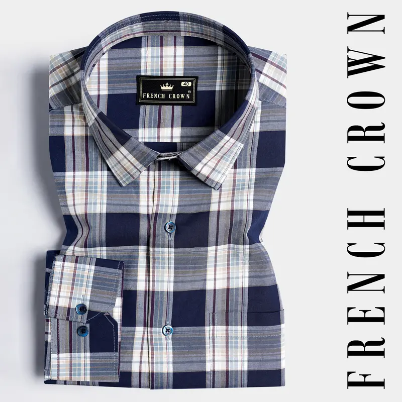 Ebony Blue And Porcelain Cream Twill Plaid Premium Cotton Shirt 4