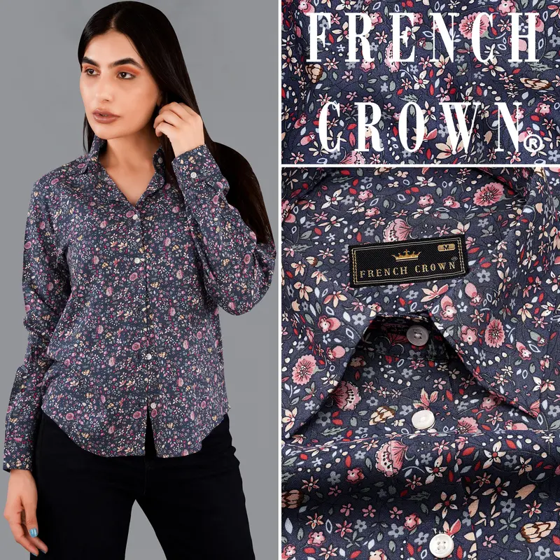 Ebony Blue Ditsy Printed Premium Tencel Shirt 1