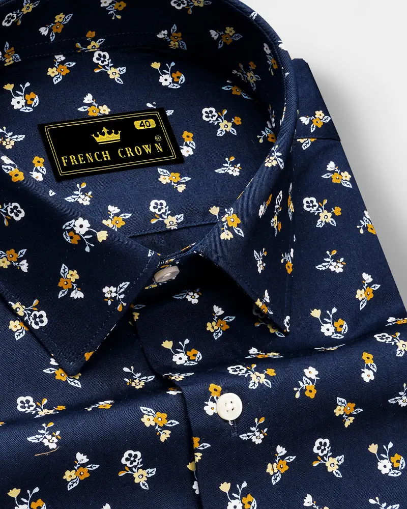 Ebony Blue Ditsy Printed Twill Premium Cotton Shirt 1