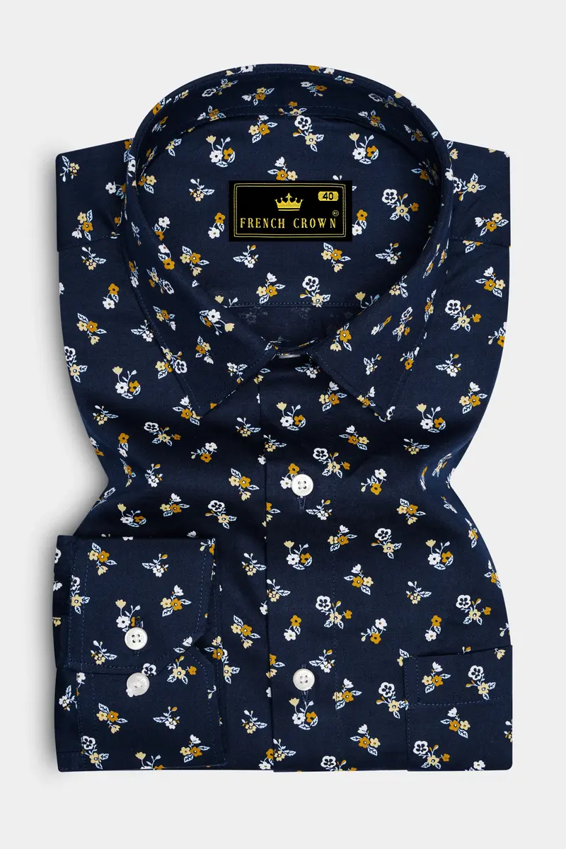 Ebony Blue Ditsy Printed Twill Premium Cotton Shirt 4