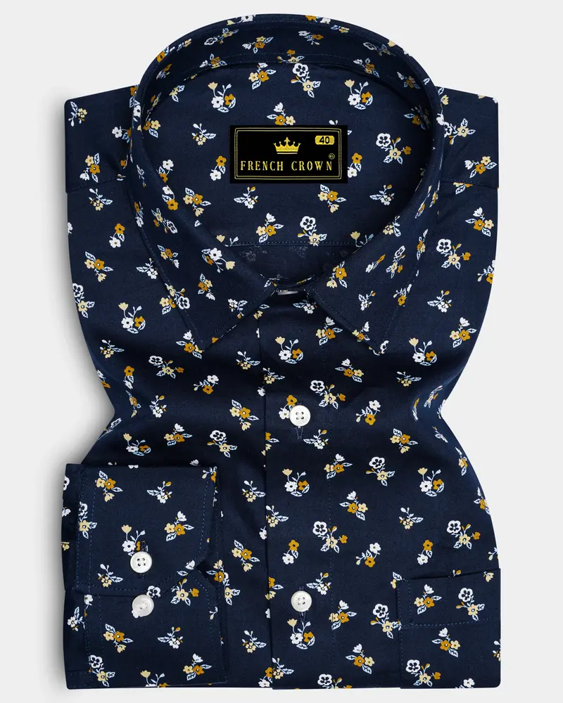 Ebony Blue Ditsy Printed Twill Premium Cotton Shirt 6