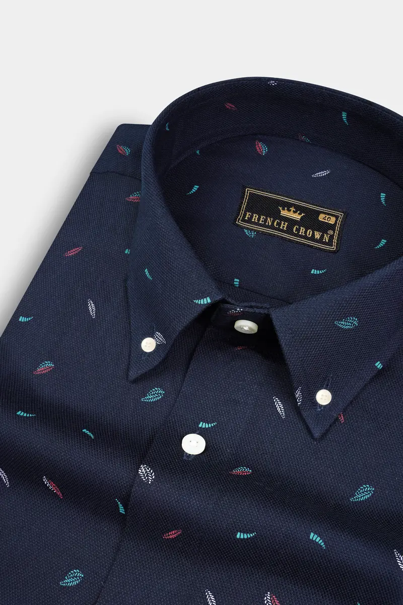 Ebony Blue Leaves Dobby Textured Premium Giza Cotton Shirt 1